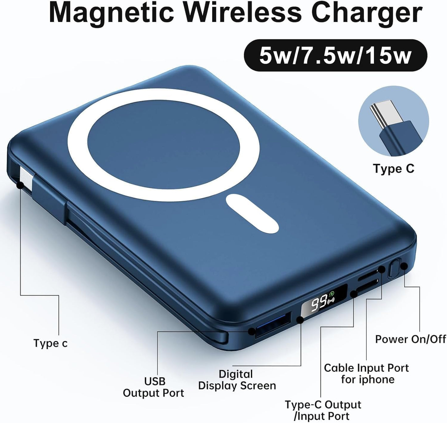 For Magsafe Power Bank, 10000Mah Magnetic Power Bank with USB-C Cable and PD 20W USB C Fast Charging LED Display, Wireless Portable Charger for Iphone 17/16/15/14/13/12/Pro/Pro Max